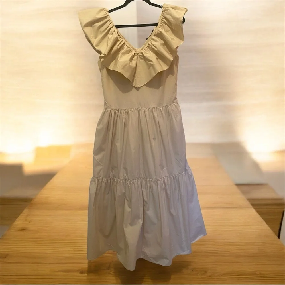 English Factory Cotton Tiered Midi Dress Ruffle V-Neck Cream SKU353 - Picture 6 of 12